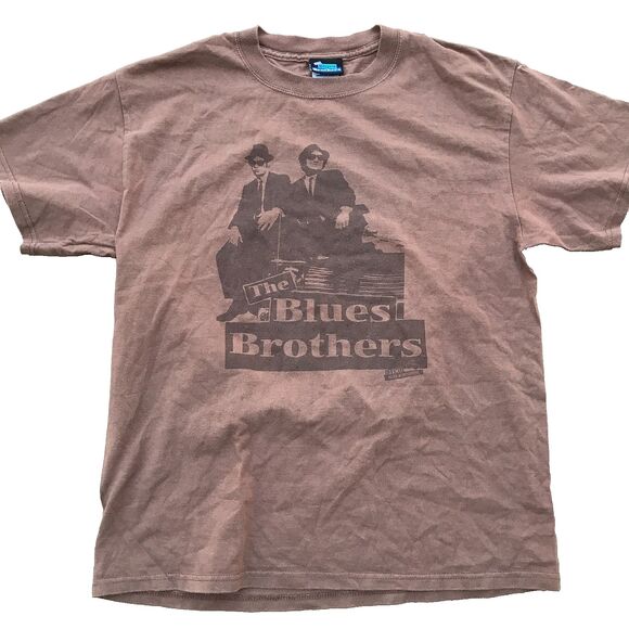 Vintage Mens Faded The Blues Brothers Spell Out Short Sleeve T-Shirt Brown M - Picture 1 of 3